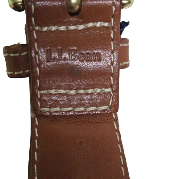 L.L. Bean Green Plaid Brown Leather Men's Belt Navy Trim Brass Buckle Size 45 - Picture 4 of 4